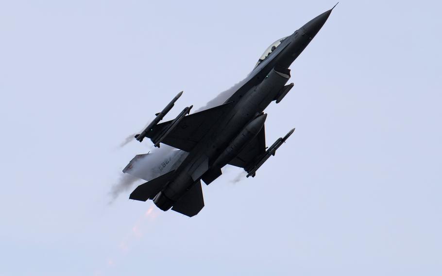 A U.S. Air Force F-16C Fighting Falcon assigned to the 480th Fighter Squadron at Spangdahlem Air Base, Germany, takes off from a runway at Buechel Air Base, Germany, Nov. 4, 2021.