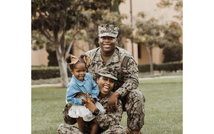 Lt. Cmdr. Jasmine Bee and her husband Lt. Lamar Bee joined the waitlist for Navy child care in San Diego before their daughter Naomi, now 3, was born because being enrolled in a service child development center was important to them. The Navy is offering employment incentives and higher fee assistance for off-base day cares to help reduce the waitlist across the service. 