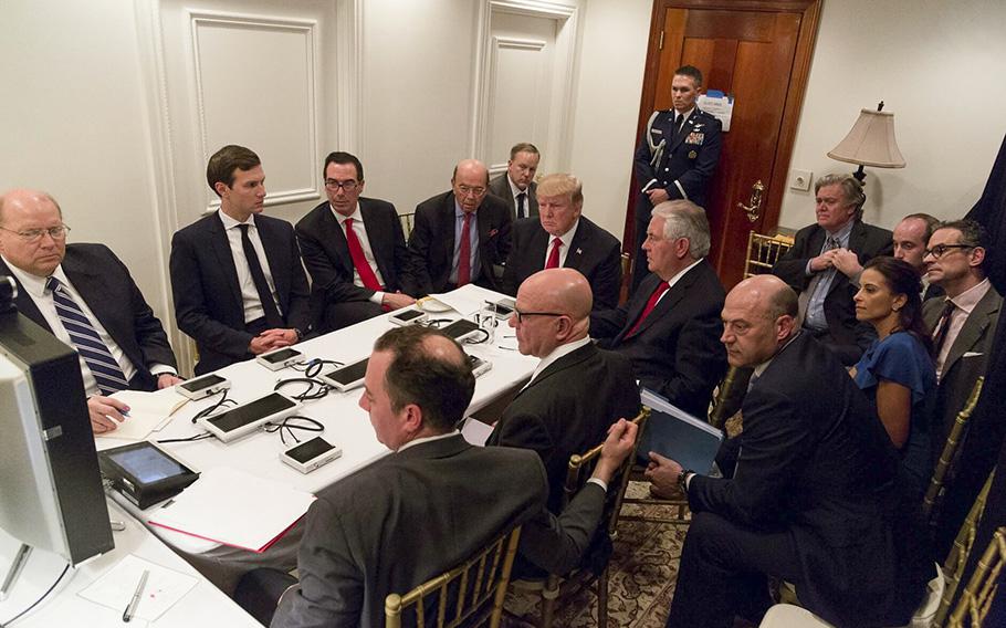 Then-President Donald Trump receives a briefing on a military strike in Syria in a secured location at his Mar-a-Lago residence in Palm Beach, Fla., in 2017. 