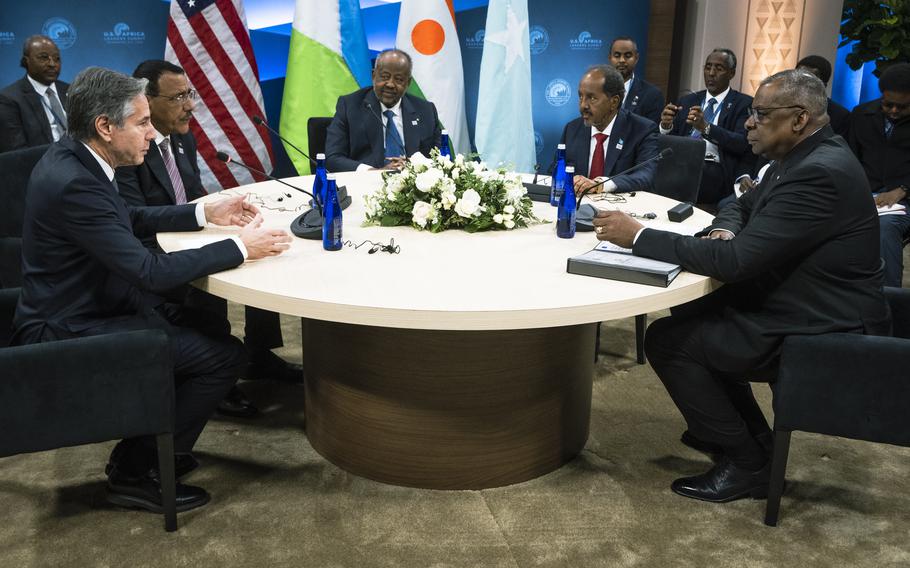 Secretary of State Antony Blinken and Defense Secretary Lloyd Austin host a meeting with (left to right) President Mohamed Bazoum of Niger, President Ismail Omar Guelleh of Djibouti and President Hassan Sheikh Mohamud of Somalia at the Africa Leaders Summit in Washington, D.C., on Dec. 13, 2022. 