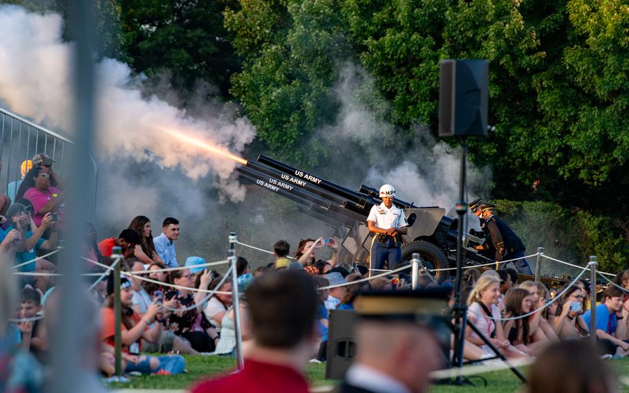 Soldiers assigned to the Commander-in-Chief’s Guard, 3rd U.S. Infantry Regiment (The Old Guard), participate in Twilight Tattoo in celebration of the 249th Birthday of the U.S. Army at Summerall Field, Joint Base Myer-Henderson Hall, Va., June 12, 2024. 