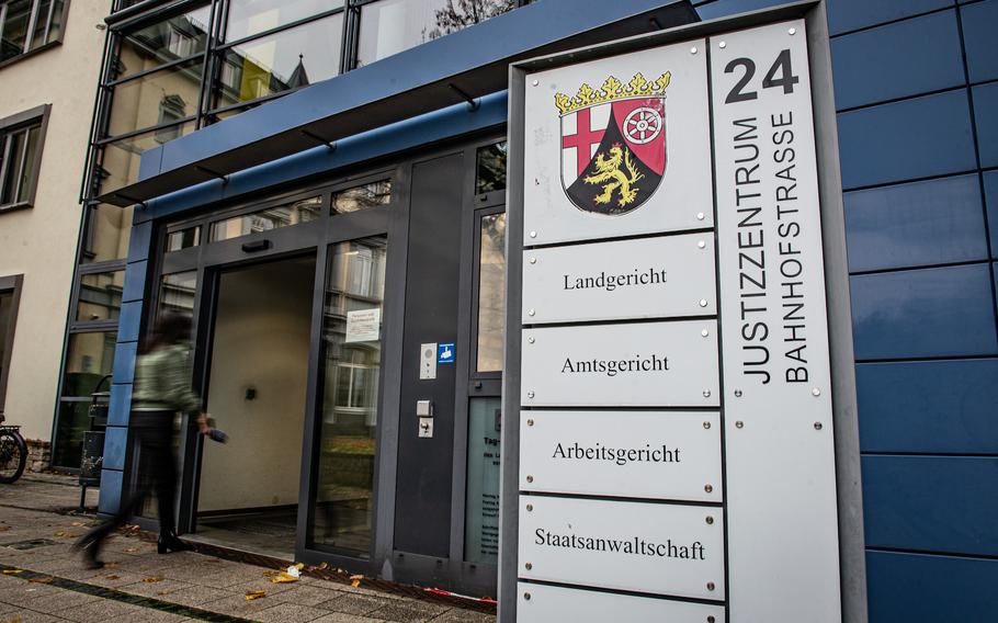 The Kaiserslautern district court main entrance as seen on Nov. 30, 2022. Andreas Johannes Schmitt was sentenced here to life imprisonment for the Jan. 31 killings of two police officers, which happened on a road near the U.S. Army's Baumholder training grounds. 