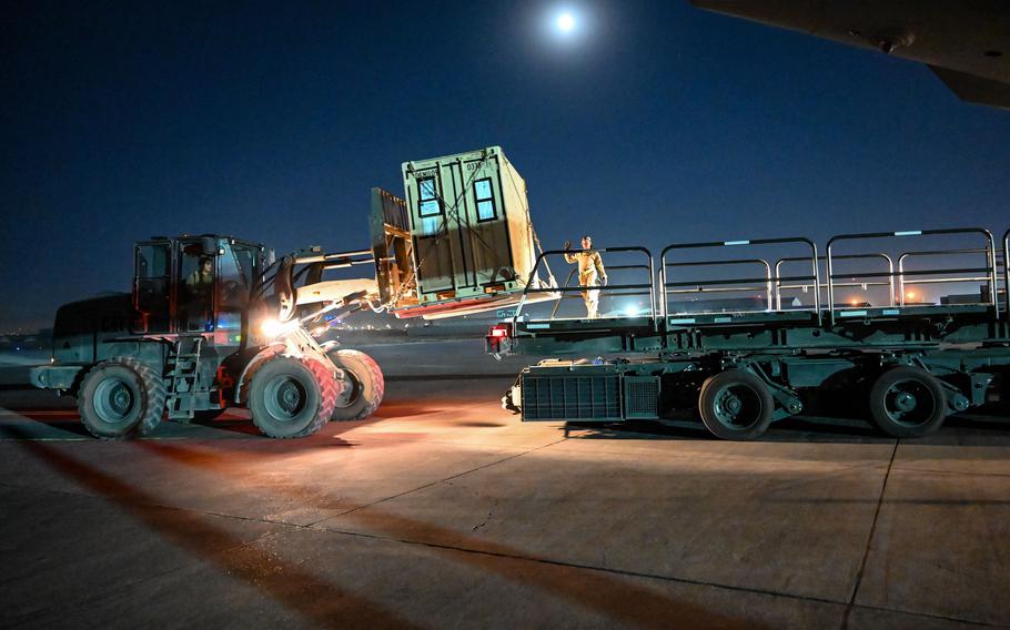 American airmen from the 443rd Air Expeditionary Squadron offload cargo at Irbil Air Base in Iraq on July 28, 2023. The base was attacked by an Iranian-backed militia in December, and three U.S. service members were wounded.