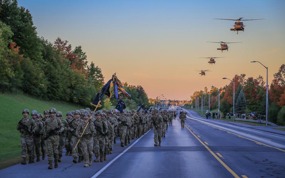 Current and former members of 2nd Battalion, 14th Infantry Regiment, 2nd Brigade Combat Team, 10th Mountain Division gather at Fort Drum, N.Y., in October 2018 to commemorate the participation of the 10th Mountain Division in the Battle of Mogadishu. The Army announced on Friday, July 2, 2021, that 60 soldiers who fought in the battle will receive upgraded awards.