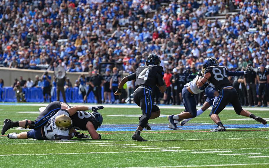 The U.S. Air Force Academy plays the U.S. Naval Academy in a football game, Oct. 1, 2022, at USAFA Falcon Stadium, Colorado Springs, Colo. The Air Force Academy began renovations to the east side of Falcon Stadium with a groundbreaking ceremony Tuesday, Jan. 24, 2023.