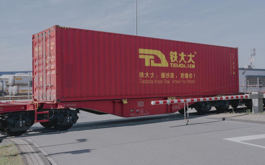 A container from China arrives at the port of Duisburg on May 4, 2023.