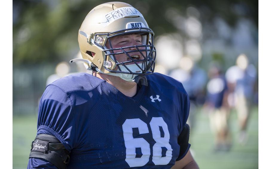 Navy offensive tackle and tri-captain Kip Frankland is wearing No. 68 this season in honor of David Forney, who died in 2020.