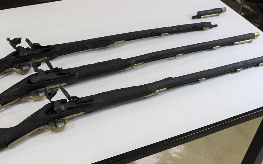 Two centuries of marine grime have been peeled away from three Revolutionary War muskets found off Florida, revealing the firearms are largely intact.