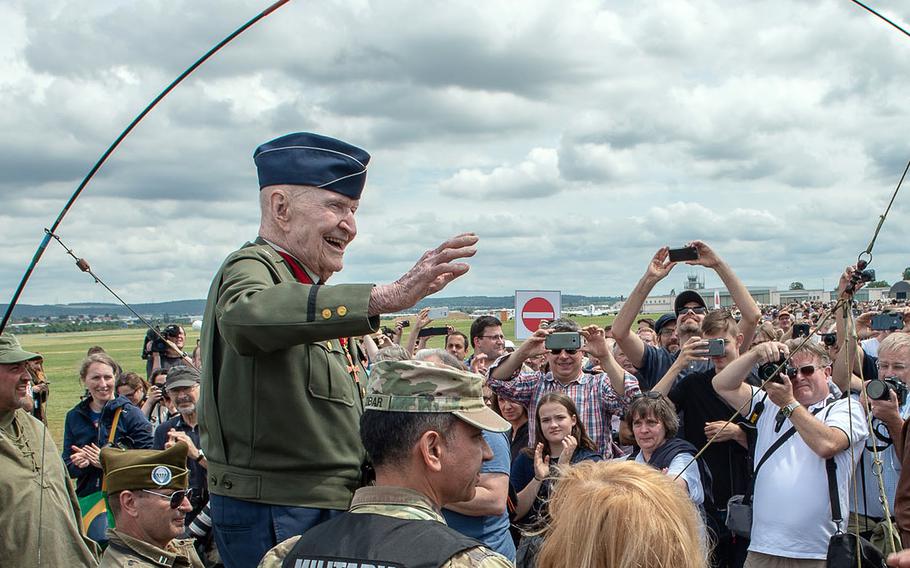Gail Halvorsen, the candy bomber, waves to spectators after arriving at the 70th anniversary commemoration of the end of the Berlin Airlift at Clay Kaserne airfield, in Wiesbaden, Germany, June 10, 2019. 