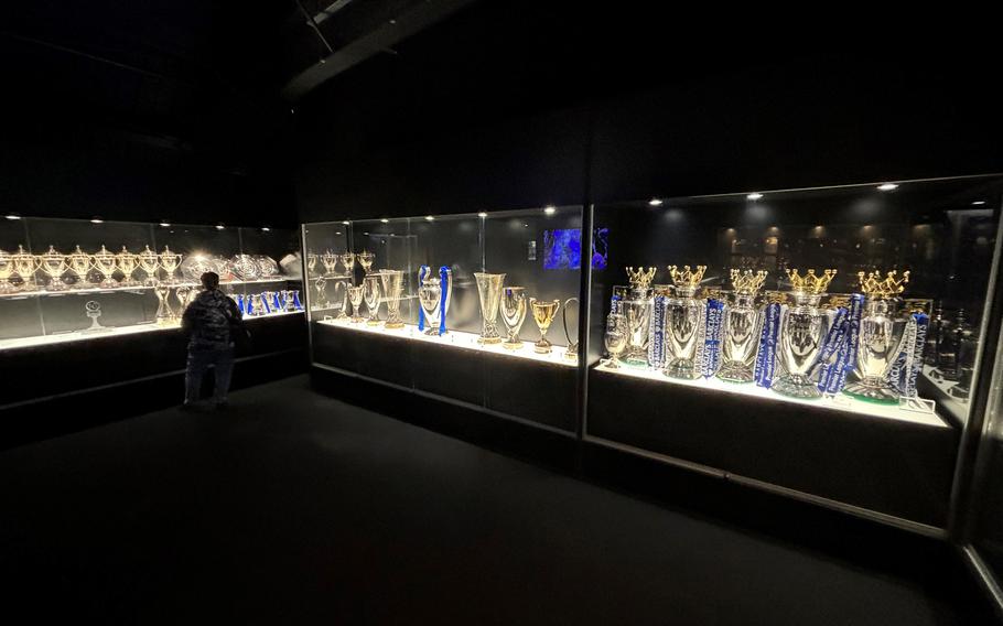 Chelsea Football Club's numerous trophies are on display in their museum, part of the Stamford Bridge stadium tour, in London on March 16, 2024.