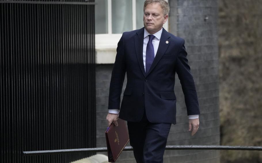 Britain’s Defence Secretary Grant Shapps arrives in Downing Street for a cabinet meeting in London, Wednesday, March 6, 2024. British officials say the names and bank details of thousands of serving British soldiers, sailors and air force members have been exposed in a data breach at a payroll system.  