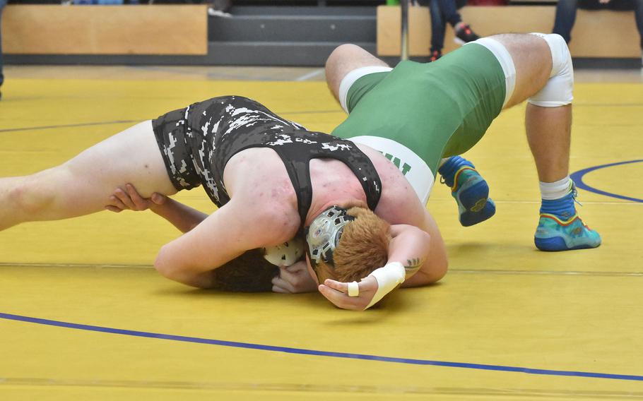 Stuttgart’s Conner Hutchinson pinned Naples’ Treyvon Hoffstatter in a 215-pound semifinal Saturday, Feb. 10, 2024, at the DODEA European Wrestling Championships in Wiesbaden, Germany.