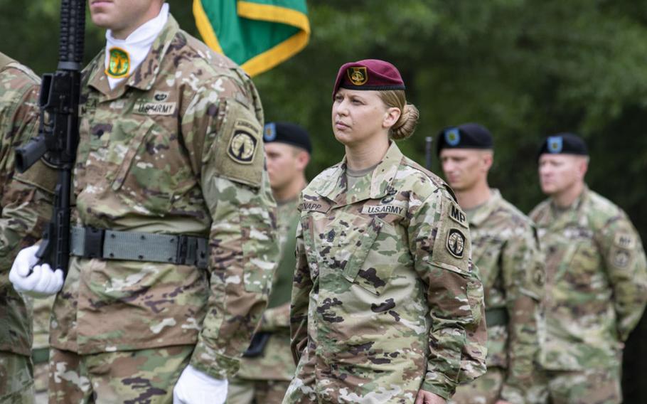 Command Sgt. Maj. Veronica E. Knapp is shown during a ceremony at Fort Bragg, N.C., July 12, 2019.