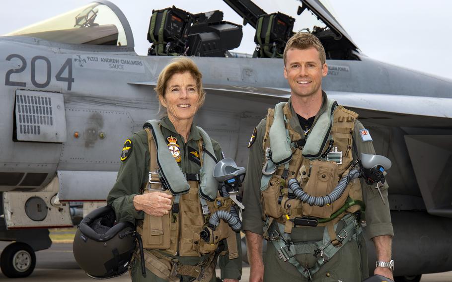 U.S. Ambassador to Australia Caroline Kennedy and Australian air force Flight Lt. Matthew Bleach flew together in an F/A–18F Super Hornet, Tuesday, Feb. 28, 2023.