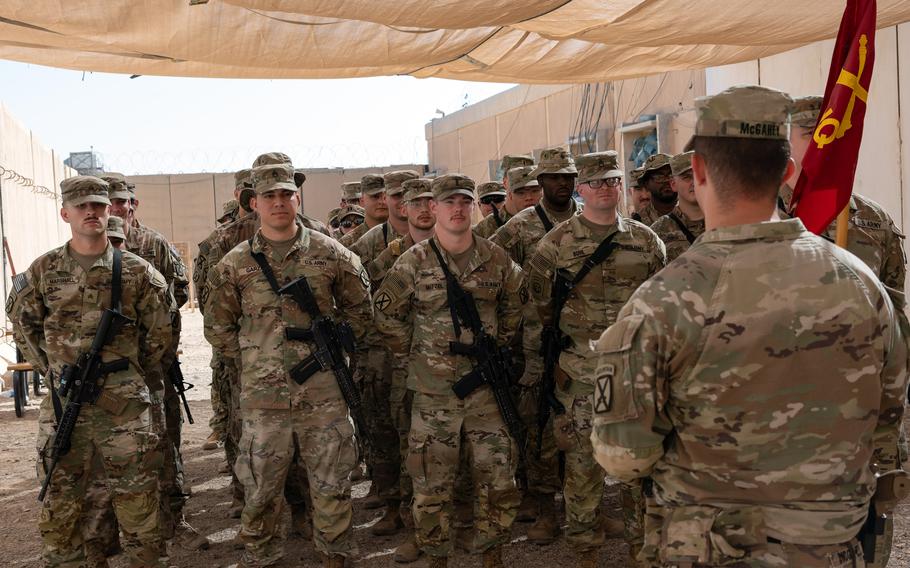 U.S. Army Capt. Lawton McGahey addresses his formation after a patching ceremony at al Asad Air Base in Iraq, on Sept. 3, 2023. The Middle East is where the American military should be primarily focused, according to 31% of respondents in a recent Reagan Institute poll.