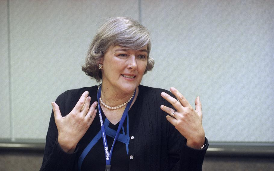 Pat Schroeder speaks to a reporter during an interview at the Los Angeles Convention Center on April 30, 1999. Schroeder, a former Colorado representative and pioneer for women’s and family rights in Congress, died Monday night, March 13, 2023, at the age of 82. 