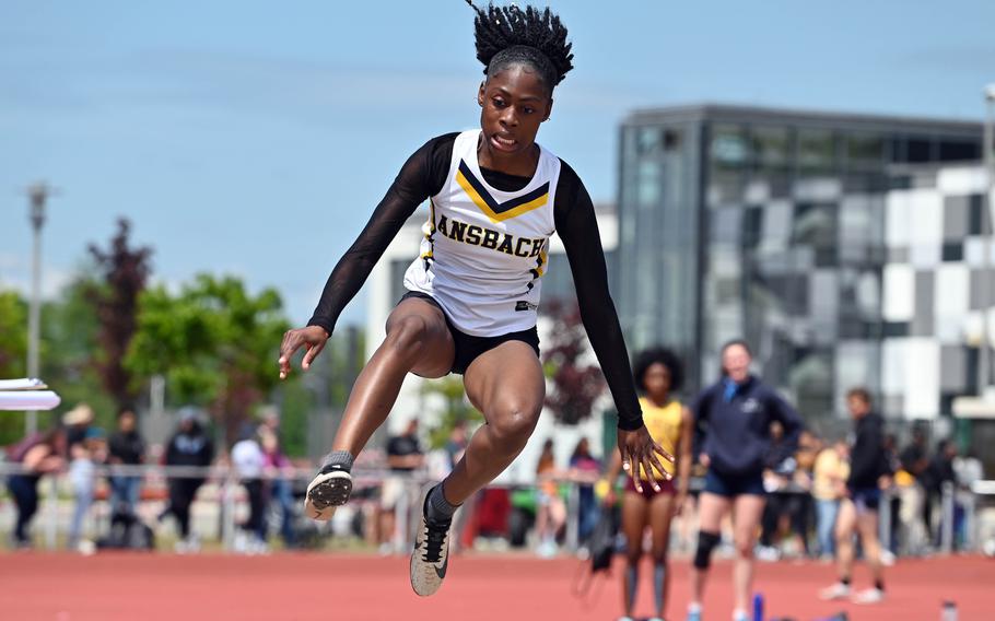 Ansbach’s Tamia McLaughlin won the girls long jump event at the DODEA-Europe track and field championships in Kaiserslautern, Germany, May 19, 2023, with a leap of 18-04.25.