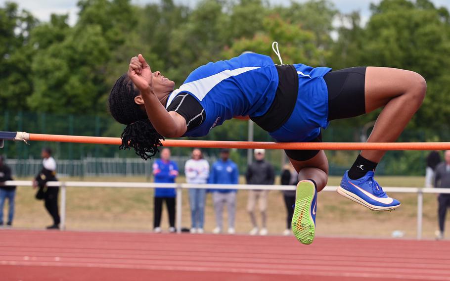 Ramstein’s Danica Johnson clears the bar at 5 feet, 3 inches to win the girls high jump competition at the 2025 DODEA-Europe track and field finals in Kaiserslautern, Germany,