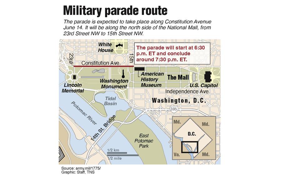 A graphic of the parade route for the Army’s 250th birthday parade