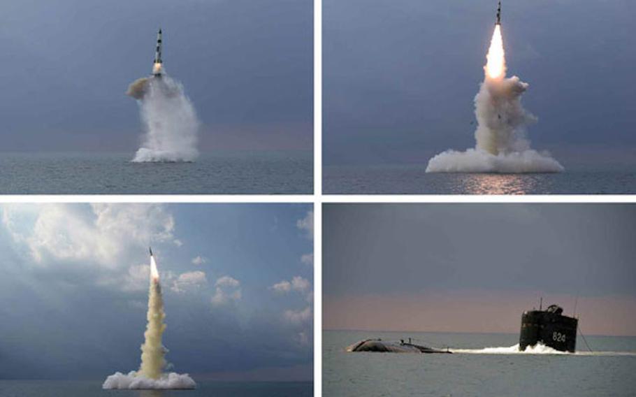 Images released by the state-run Korean Central News Agency purportedly show a submarine-launched ballistic missile test by North Korea, Oct. 19, 2021. 