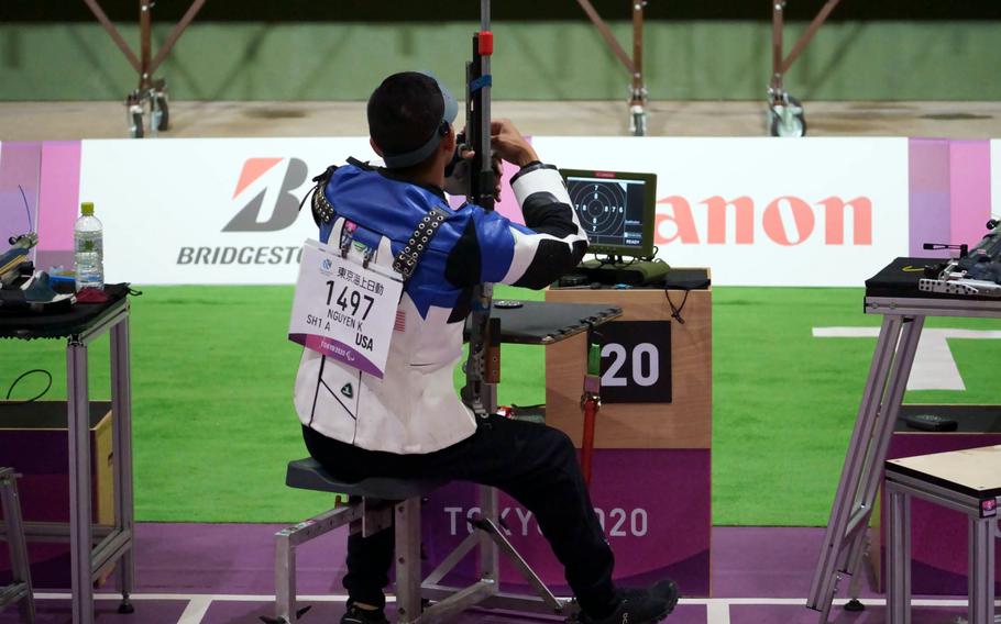 U.S. Army Staff Sgt. Kevin Nguyen competes in the Tokyo Paralympics' 10-meter prone air rifle event at Camp Asaka, Japan, Wednesday, Sept. 1, 2021. 
