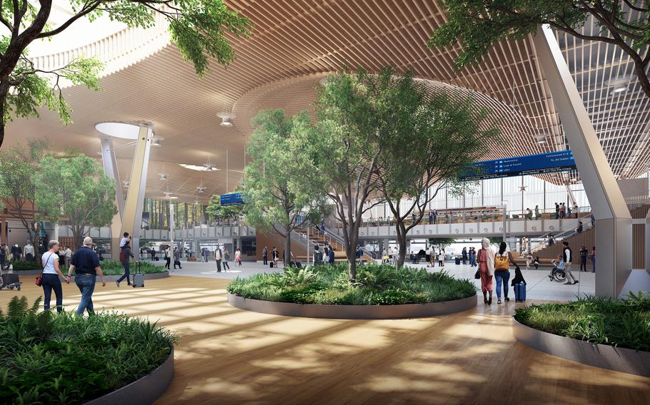 The designers of Portland International Airport’s new main terminal aimed to evoke city streets and parks with live vegetation and corridors lined by stores. 