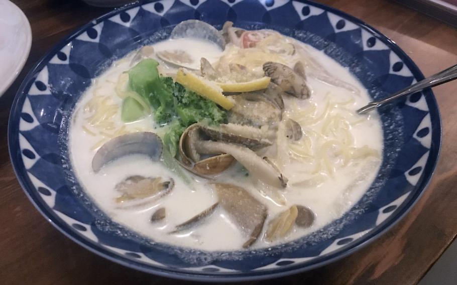 Kujira’s capellini with lemon cream, “clam chowder style,” was to die for, with clean and flavorful clams, perfectly cooked pasta and a wholesome, creamy broth.