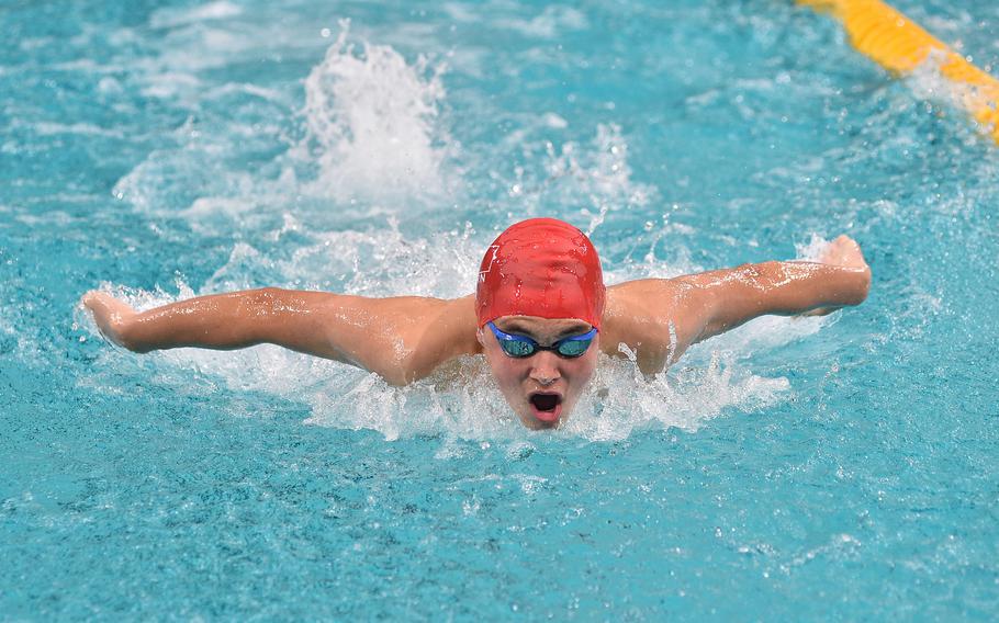 Jake Jennings, competing unattached from Bahrain, swims the butterfly leg of the 14-year-old boys individual medley during the European Forces Swim League Short-Distance Championships on Feb. 11, 2024, at the Pieter van den Hoogenband Zwemstadion at the Nationaal Zwemcentrum de Tongelreep in Eindhoven, Netherlands.