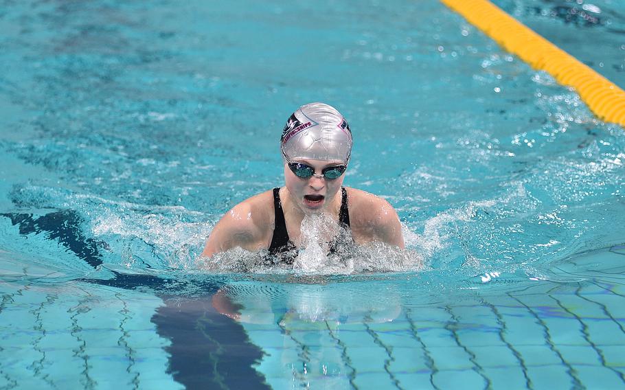 Wiesbaden Wahoo Taylor Westcott swims in the 14-year-old girls 100-meter breaststroke during the European Forces Swim League Short-Distance Championships on Feb. 10, 2024,  at the Pieter van den Hoogenband Zwemstadion at the Nationaal Zwemcentrum de Tongelreep in Eindhoven, Netherlands.