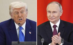 This combination photo shows President Donald Trump in a business roundtable, May 16, 2025, in Abu Dhabi, United Arab Emirates, left, and Russian President Vladimir Putin at a signing ceremony at the Kremlin in Moscow, May 10, 2025.