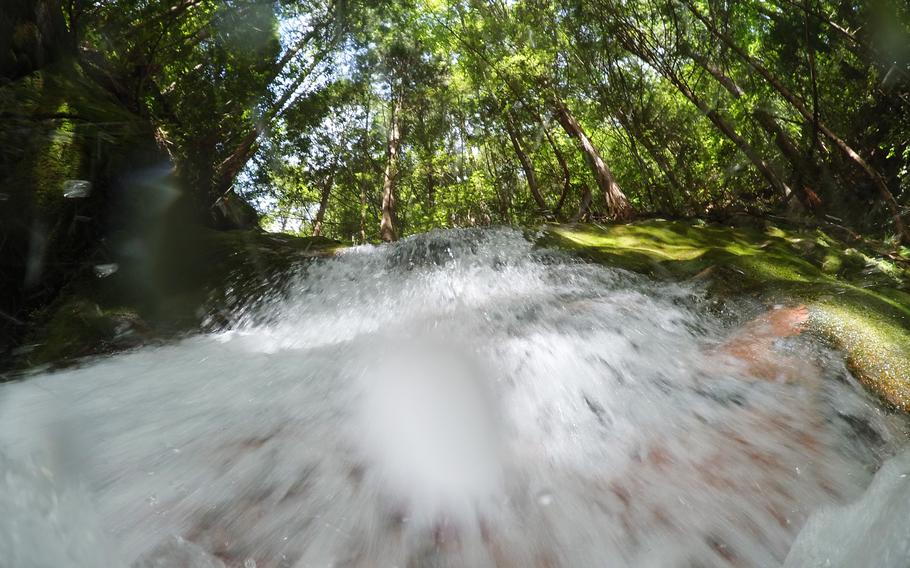 The closest waterfall to the campsites at Jakuchikyo Camping Ground, Japan, is called Ryuo-no taki  and has a large pool beneath the falling water.