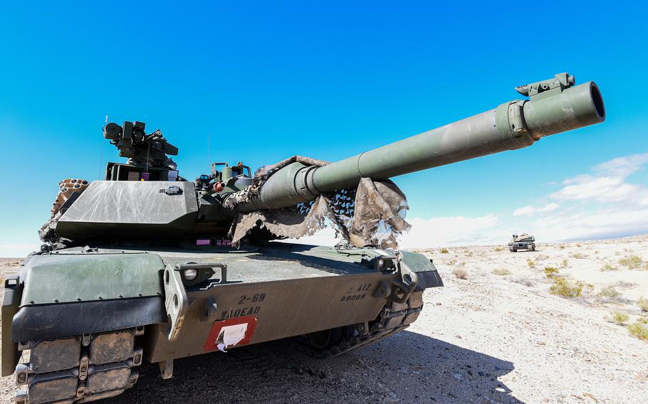 A M1A2 Abrams tank from the 2nd Armored Brigade Combat Team, 3rd Infantry Division operates during training at the Army’s National Training Center at Fort Irwin, Calif., on Feb. 27, 2023. The 3rd ID’s 2nd ABCT will deploy in the summer to Europe, the Army announced Wednesday, March 8, 2023.