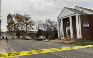 A crime scene is taped off at New Season Church in Nashville, Tenn., on Saturday, Nov. 26, 2022. Metro Nashville Police say two people suffered injuries that are not considered life-threatening in a drive-by shooting Saturday outside the church as people were departing funeral services for 19-old Terriana Johnson, who was fatally shot earlier in the month. 