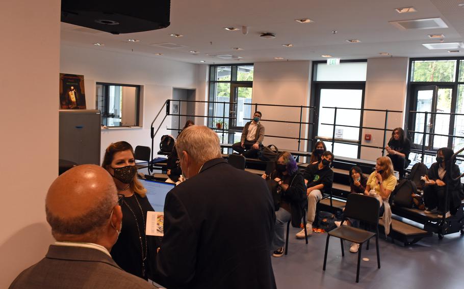 Thomas Brady, third from left, director of the Department of Defense Education Activity, visits a classroom at the new Ramstein High School on  Sept. 14, 2021. A ribbon-cutting celebrated the opening of the $98.8 million school, which held its first day of classes Aug. 25, 2021.