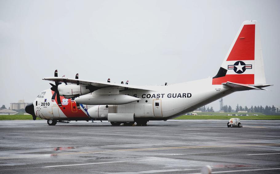 A Coast Guard HC-130J Super Hercules long-range surveillance aircraft arrived at Yokota Air Base on Aug. 12, 2021.