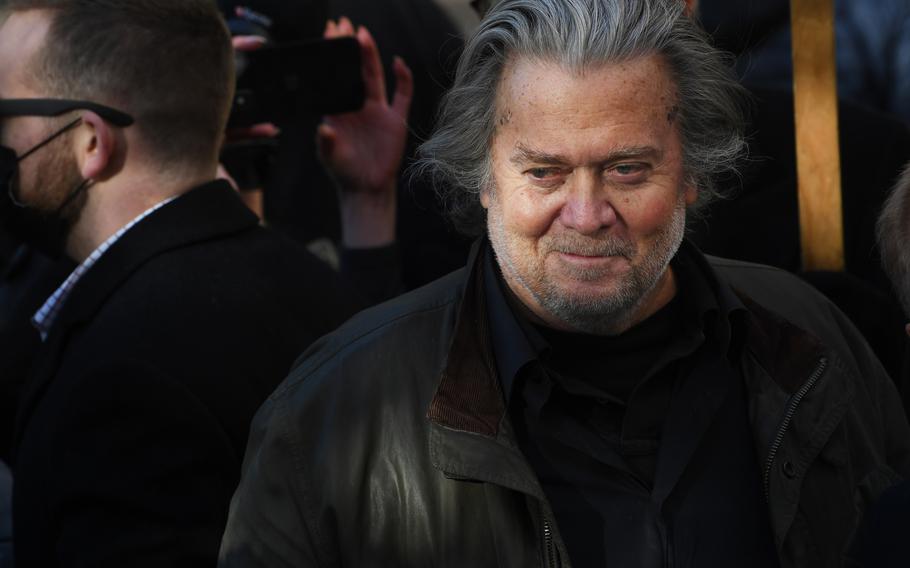 Stephen Bannon talks to reporters after appearing in federal court in November 2021. 
