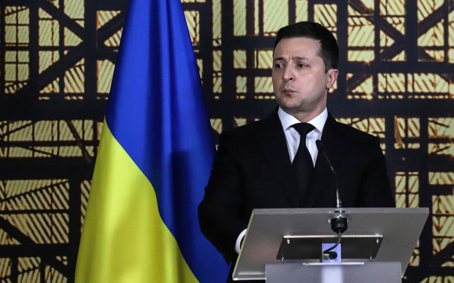 Volodymyr Zelenskyy, Ukraine’s prime minister, at a news conference on the sidelines of the Eastern Partnership Summit at the Europa building in Brussels on Dec. 15, 2021.
