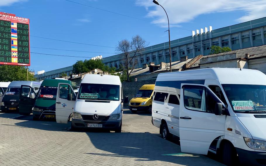 Rows of minibuses in Chișinău, Moldova, readying to carry passengers to and from Transnistria. 