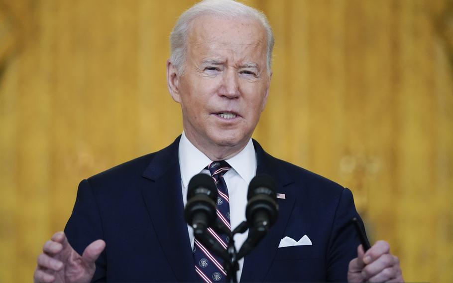 President Joe Biden speaks about Ukraine in the East Room of the White House, Tuesday, Feb. 22, 2022, in Washington.