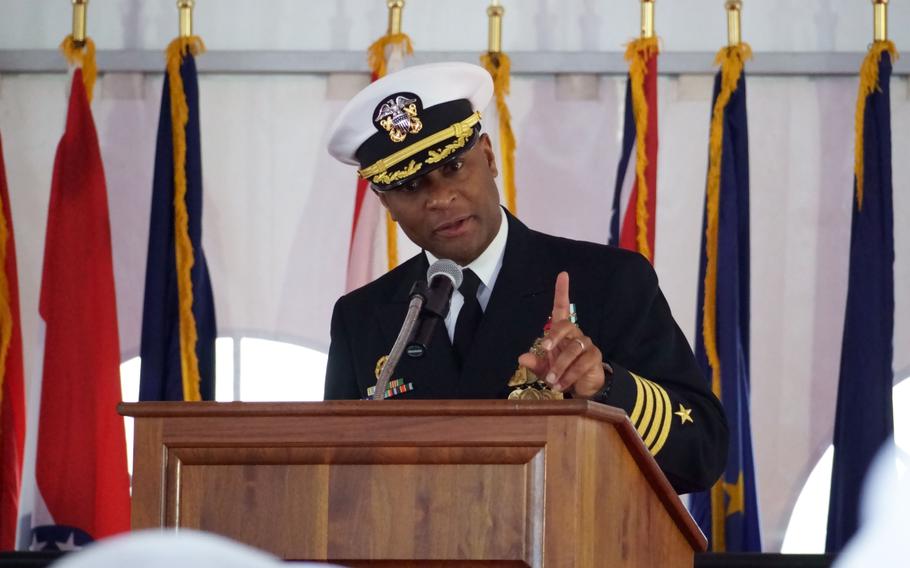 Capt. Walter Mainor, outgoing commander of Destroyer Squadron 15, addresses the audience during a change of command ceremony aboard the USS Higgins at Yokosuka Naval Base, Japan, on Nov. 17, 2023.