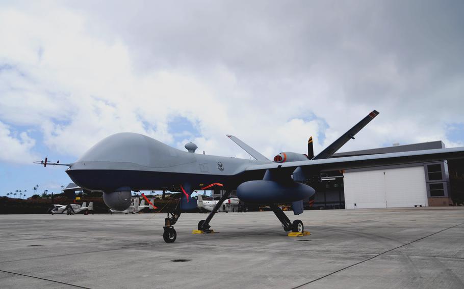 A U.S. Air Force MQ-9 Reaper at Marine Corps Air Station Kaneohe Bay, Hawaii, on July 10, 2022. 