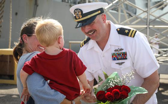 MAYPORT, Fl. (JUNE 8, 2025) Sailor’s, assigned to the Arleigh Burke-class guided-missile destroyer USS Jason Dunham (DDG 109), greet their loved ones as they return to homeport, June 8. Jason Dunham, assigned to the Harry S. Truman Carrier Strike Group (HSTCSG), is homeported at Naval Sation Mayport, Florida, and returned following a nearly nine-month deployment to the U.S. European and Central Command areas of responsibility. (U.S. Navy photo by Mass Communication Specialist 2nd Class Marieliza Rosales)