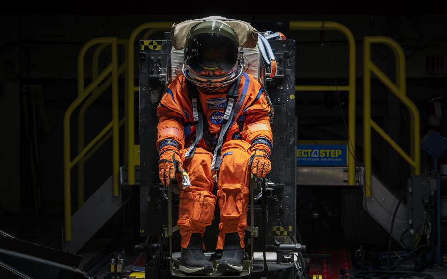 Campos, a fire and rescue training manikin, at the sled test facility at Wright-Patterson Air Force Base, Ohio, April 17, 2023, where Air Force Research Laboratory, or AFRL, and NASA staff test the seat and flight suit for safety measures. 