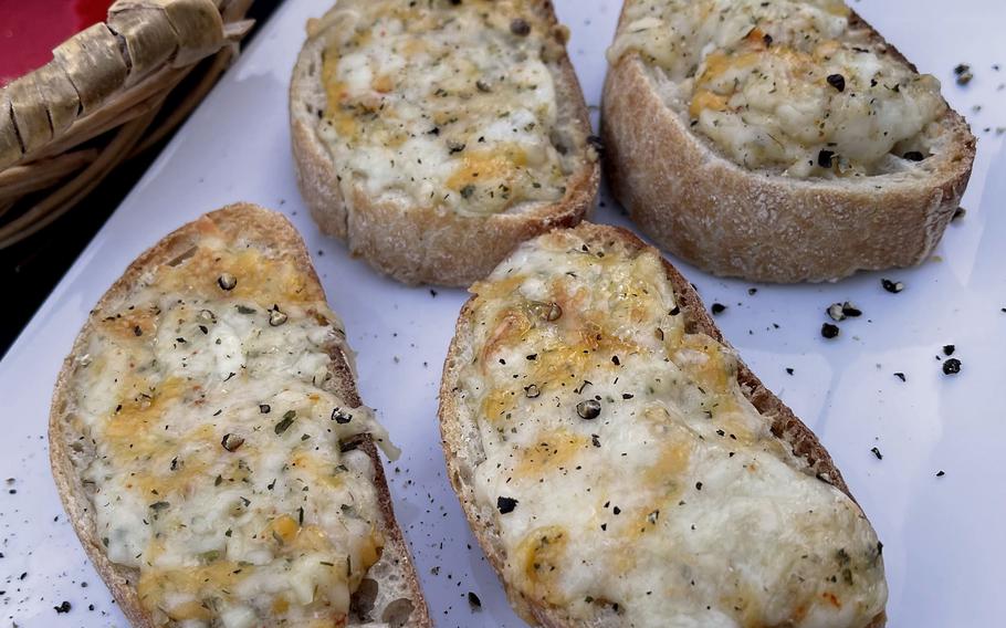 The sliced bread with marinated, baked cheese is a winner at Egon's La Bodega in Weiden, Germany. 