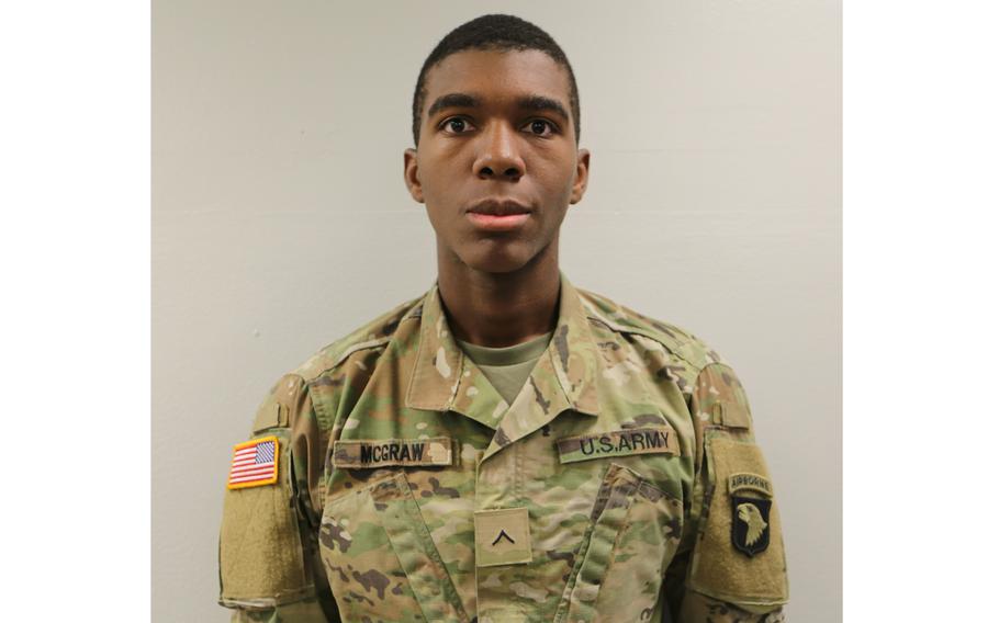 Spc. Jabori McGraw, 20, was assigned to the Headquarters Battalion of 101st Division Artillery, 101st Airborne Division (Air Assault) at Fort Campbell, Ky. He died Saturday, Sept. 10, 2022, after falling into the Red River in Tennessee while hiking with friends.
