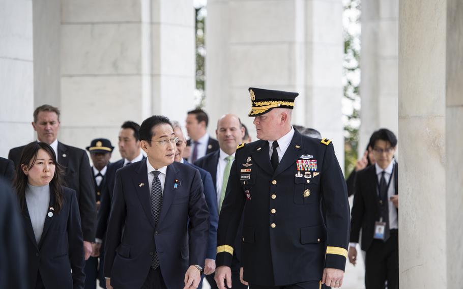 (From left to right) Japanese Prime Minister Fumio Kishida, Office of Army Cemeteries and Army National Military Cemeteries Executive Director Karen Durham-Aguilera, and Joint Task Force - National Capital Region and U.S. Army Military District of Washington Commanding General Maj. Gen. Trevor J. Bredenkamp walk through the Memorial Amphitheater at Arlington National Cemetery, Arlington, Va., April 9, 2024. 