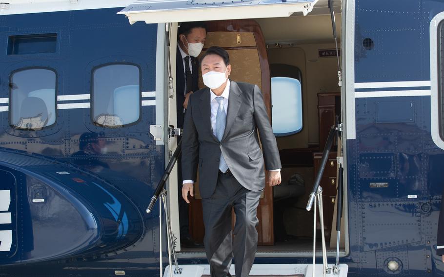 South Korean president-elect Yoon Suk-yeol visits Camp Humphreys, South Korea, April 7, 2022.