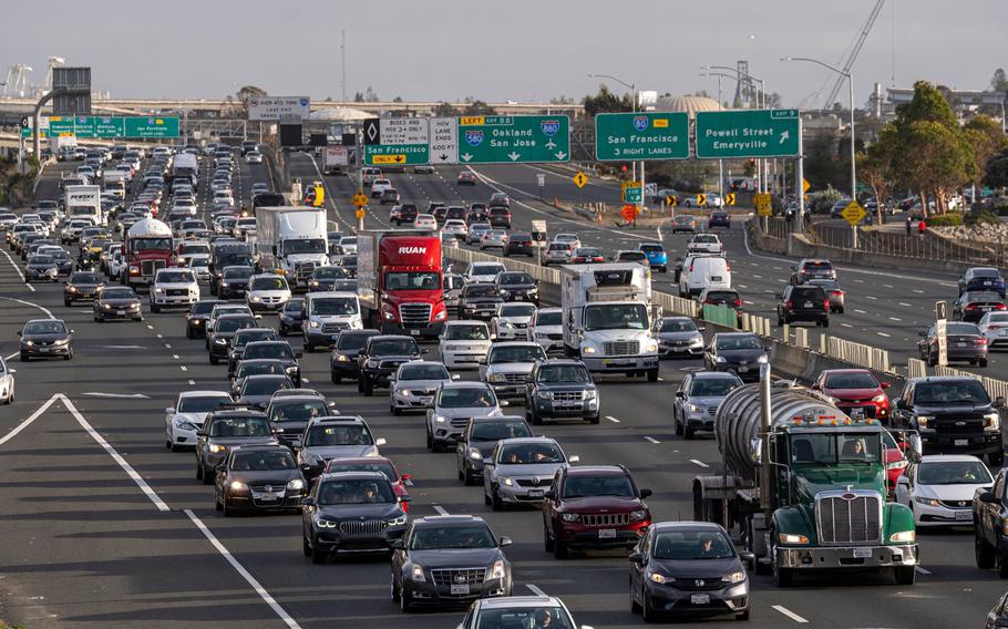 Vehicles head eastward on Interstate 80 in Emeryville, Calif., on March 29, 2022. The Biden administration on Friday, April 1, ordered carmakers to increase their average fuel economy to about 49 miles per gallon by 2026,