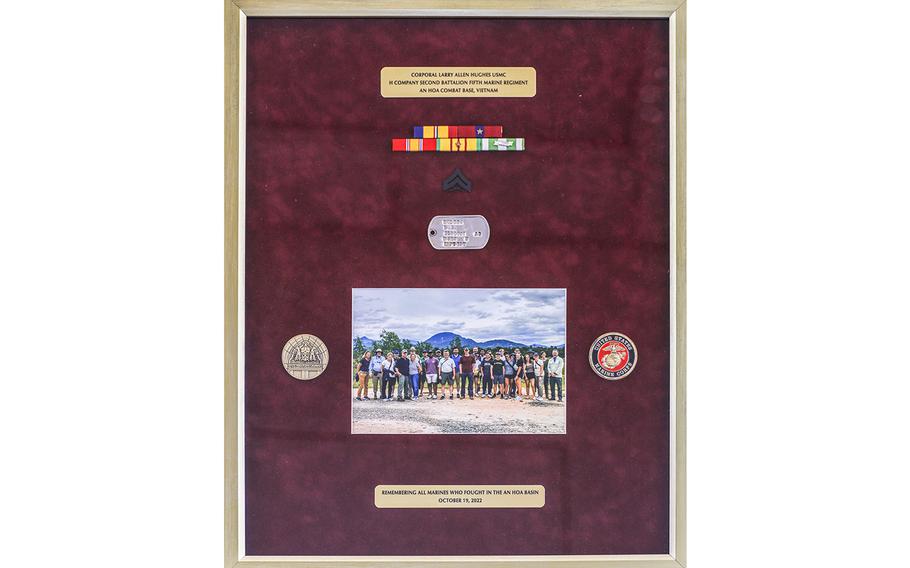 A dog tag belonging to Cpl. Larry A. Hughes, a U.S. Marine and Vietnam veteran, is displayed in a shadow box that was presented to Hughes’ family during a ceremony in Inglis, Florida, on Friday, Feb. 17, 2023.  