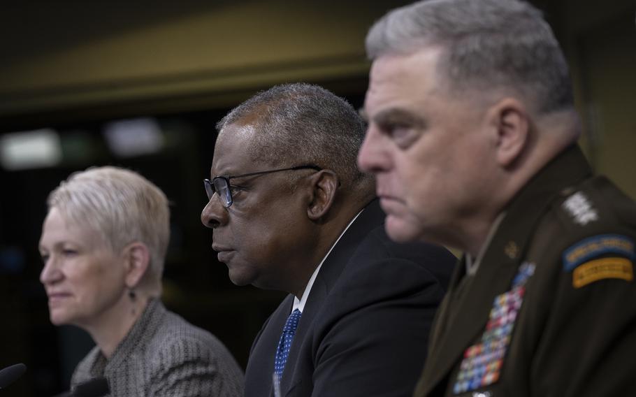 Defense Secretary Lloyd Austin, center, Army Gen. Mark Milley, chairman of the Joint Chiefs of Staff, and Celeste Wallander, assistant secretary of defense for international security affairs, host the fourth Ukraine Defense Contact Group conducted July 20, 2022, from the Pentagon. 